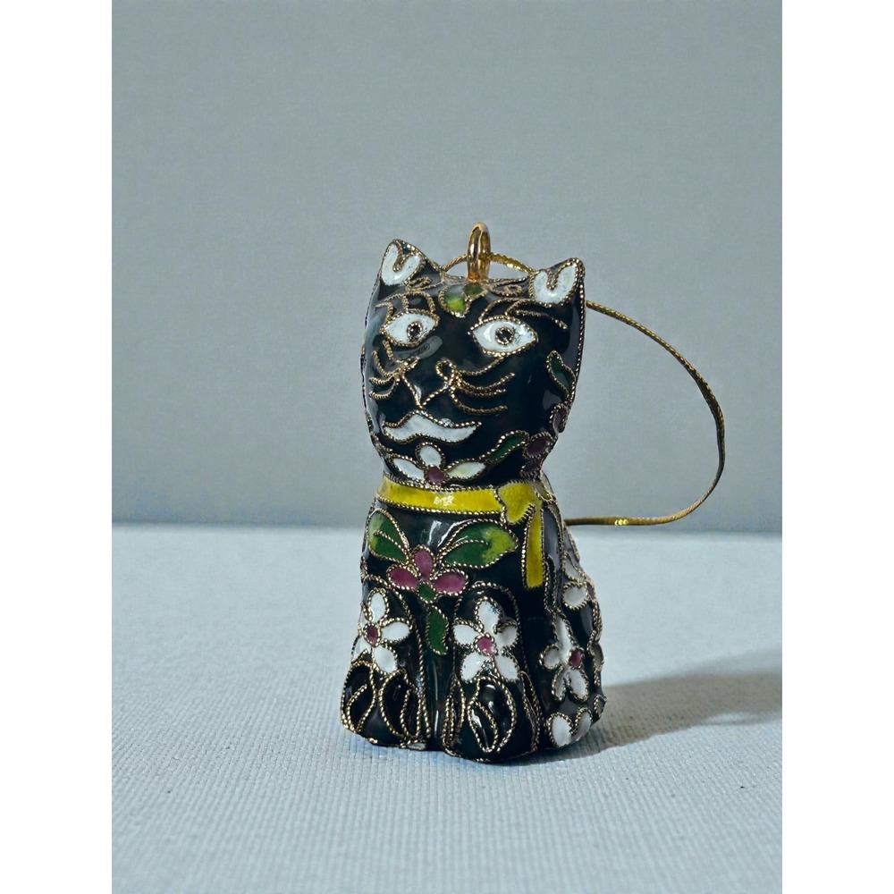 Vintage Cloisonne Enamel Cat Ornament Black Floral Gold Wire Filigree Figurine‎